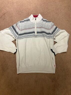 IZOD Men's Half-Zip Fair Isle Sweater - White with Navy & Red Accents size xl